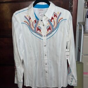 Ariat White and Blue Casual Button Down Shirt with Embroidery